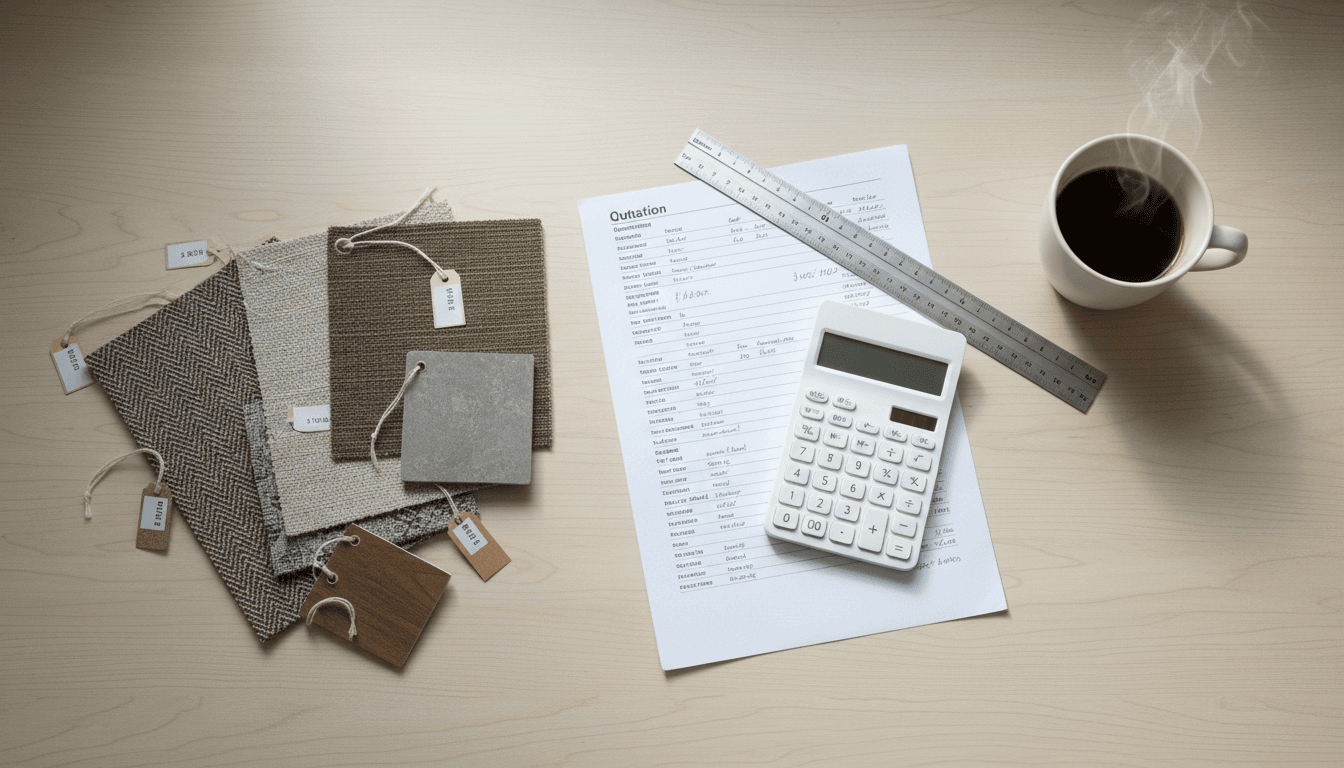 Close-up of a designer's desk with a quotation document, calculator, laptop spreadsheet, and architectural drawings