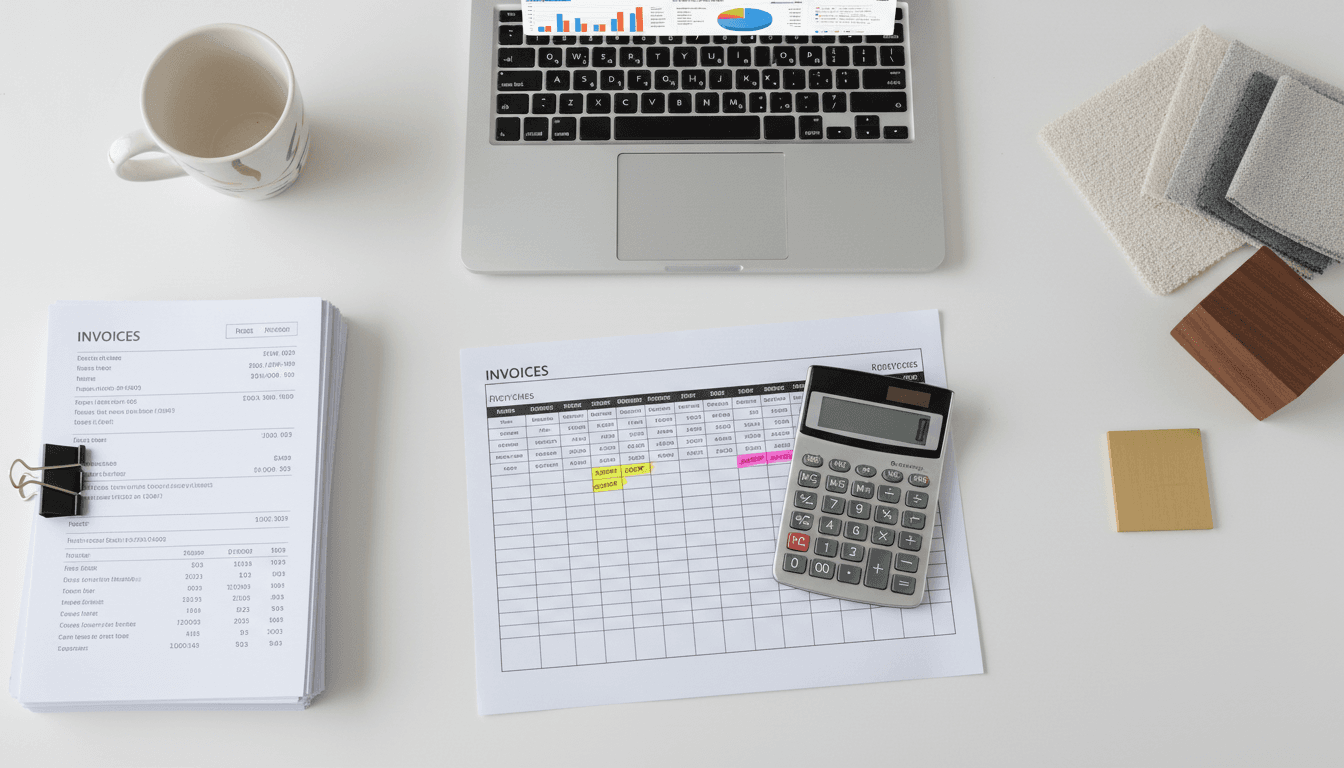 Flat lay of a design studio desk with calculator, invoices, and material samples