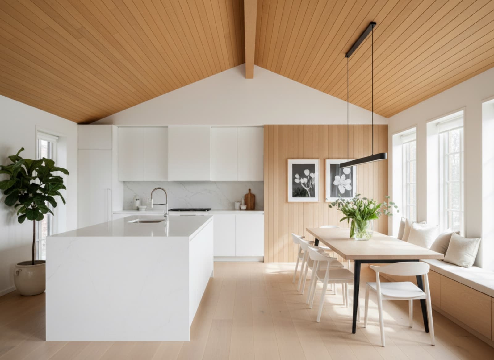 A bright, modern Scandinavian kitchen and dining room, the styled space the AI Visualiser renders before a project begins.